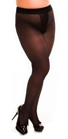 Plus size model wearing Glamory ouvert 20 crotchless tights in color black front view close up