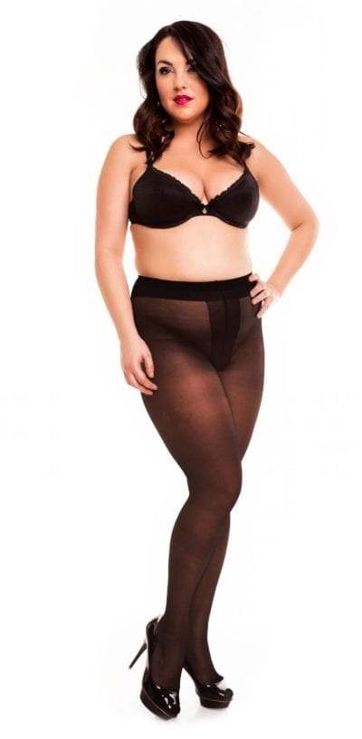 Plus size model wearing Glamory ouvert 20 crotchless tights in color black front view